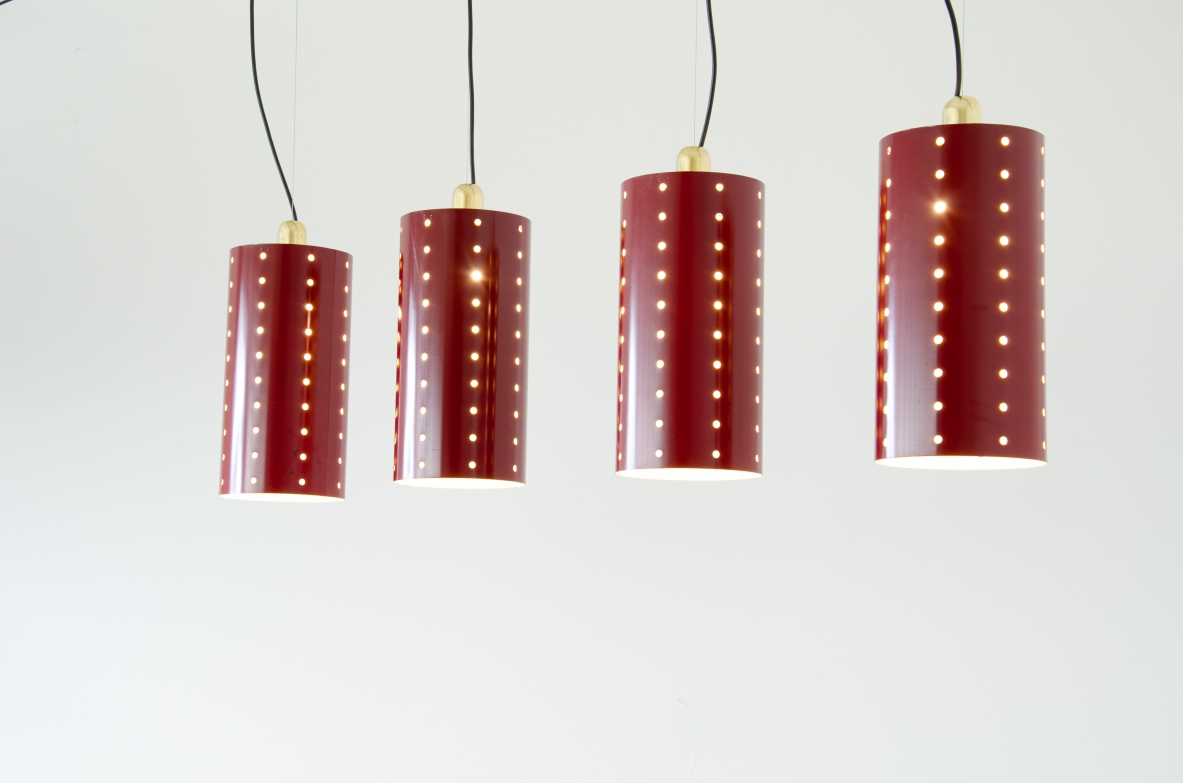 Set of four ceiling lamps with painted metal shade and brass cup.  1960's Italian manufacture.
