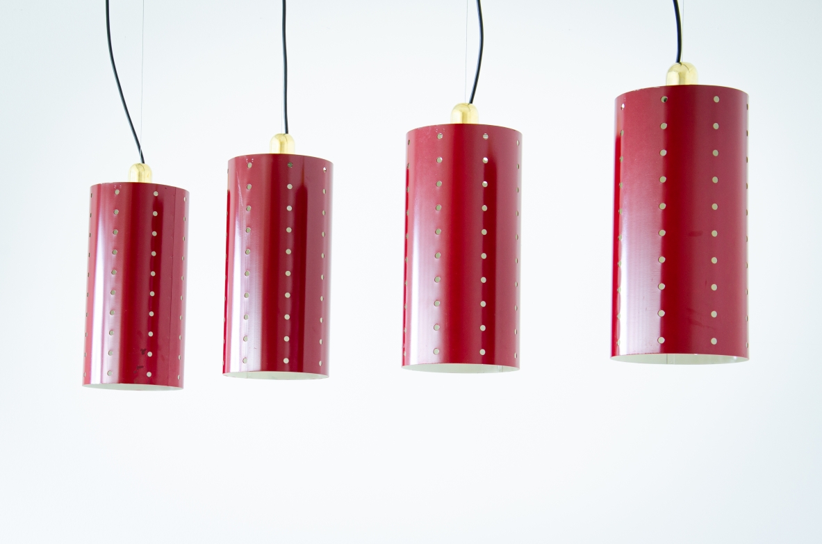 Set of four ceiling lamps with painted metal shade and brass cup.  1960's Italian manufacture.