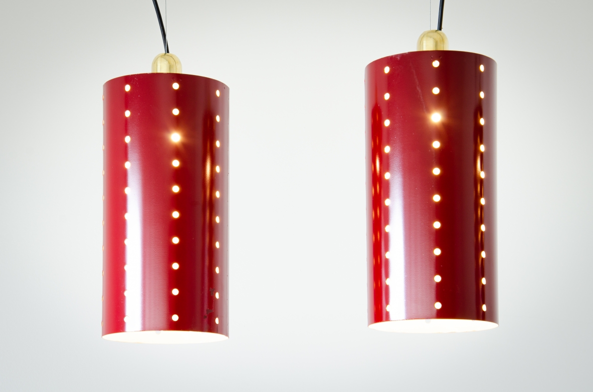 Set of four ceiling lamps with painted metal shade and brass cup.  1960's Italian manufacture.