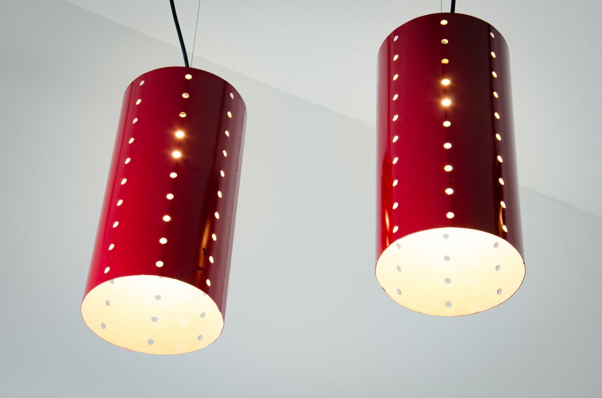 Set of four ceiling lamps with painted metal shade and brass cup.  1960's Italian manufacture.