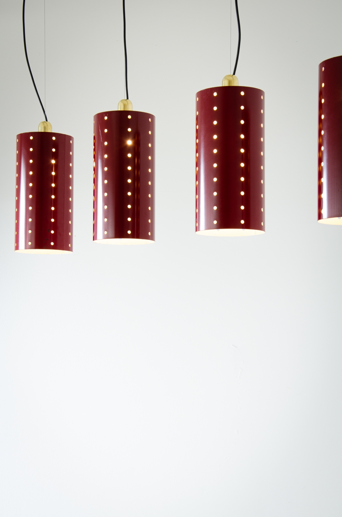 Set of four ceiling lamps with painted metal shade and brass cup.  1960's Italian manufacture.