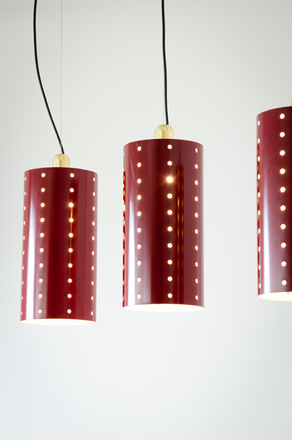Set of four ceiling lamps with painted metal shade and brass cup.  1960's Italian manufacture.
