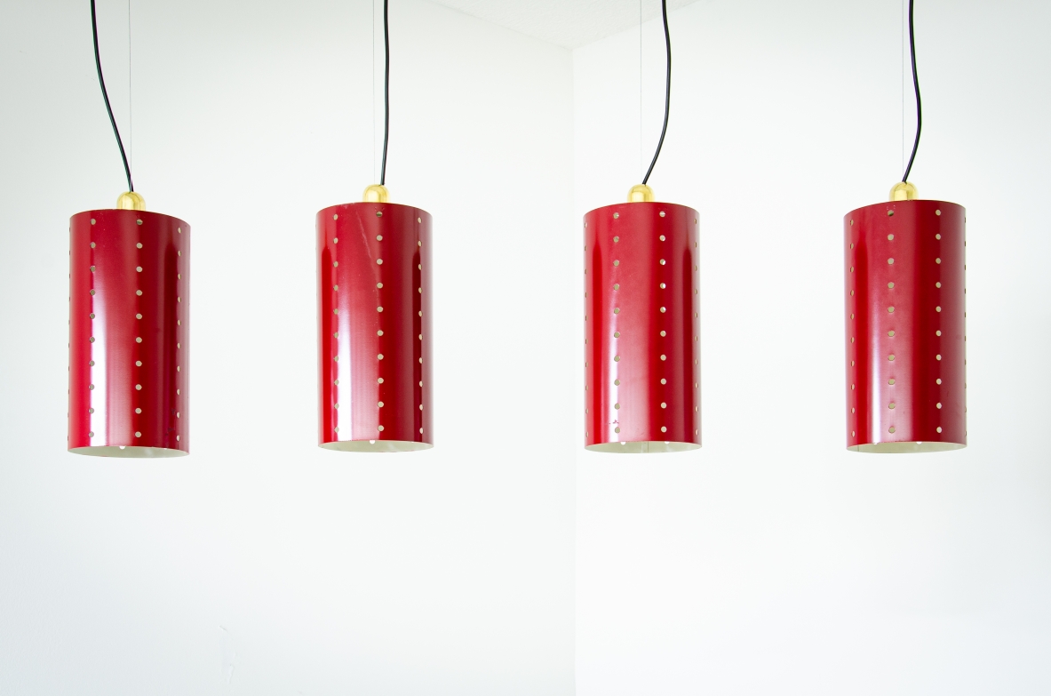 Set of four ceiling lamps with painted metal shade and brass cup.  1960's Italian manufacture.