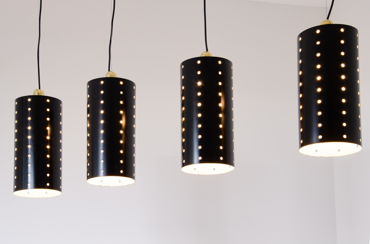 Set of four ceiling lamps with painted metal shade and brass cup.  1960's Italian manufacture.