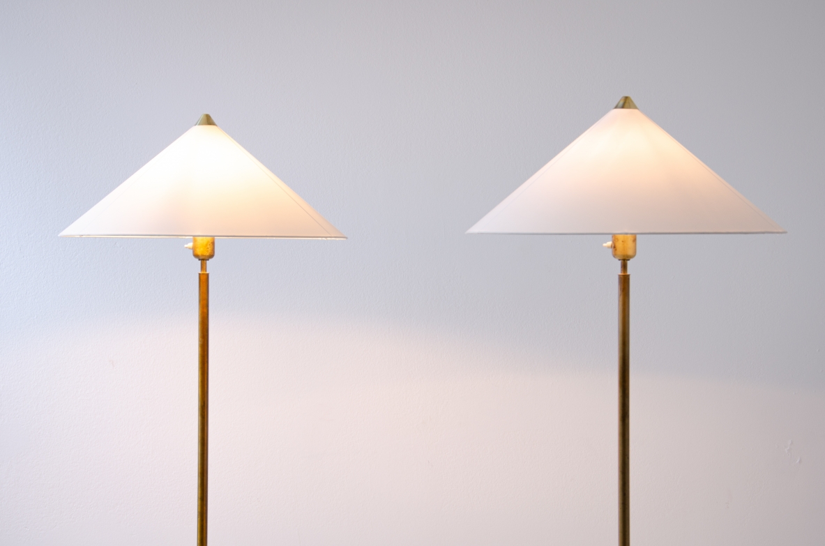 Pair of Swedish floor lamps in brass and fabric lampshade.  Produced by ASEA.  Sweden, 1940s