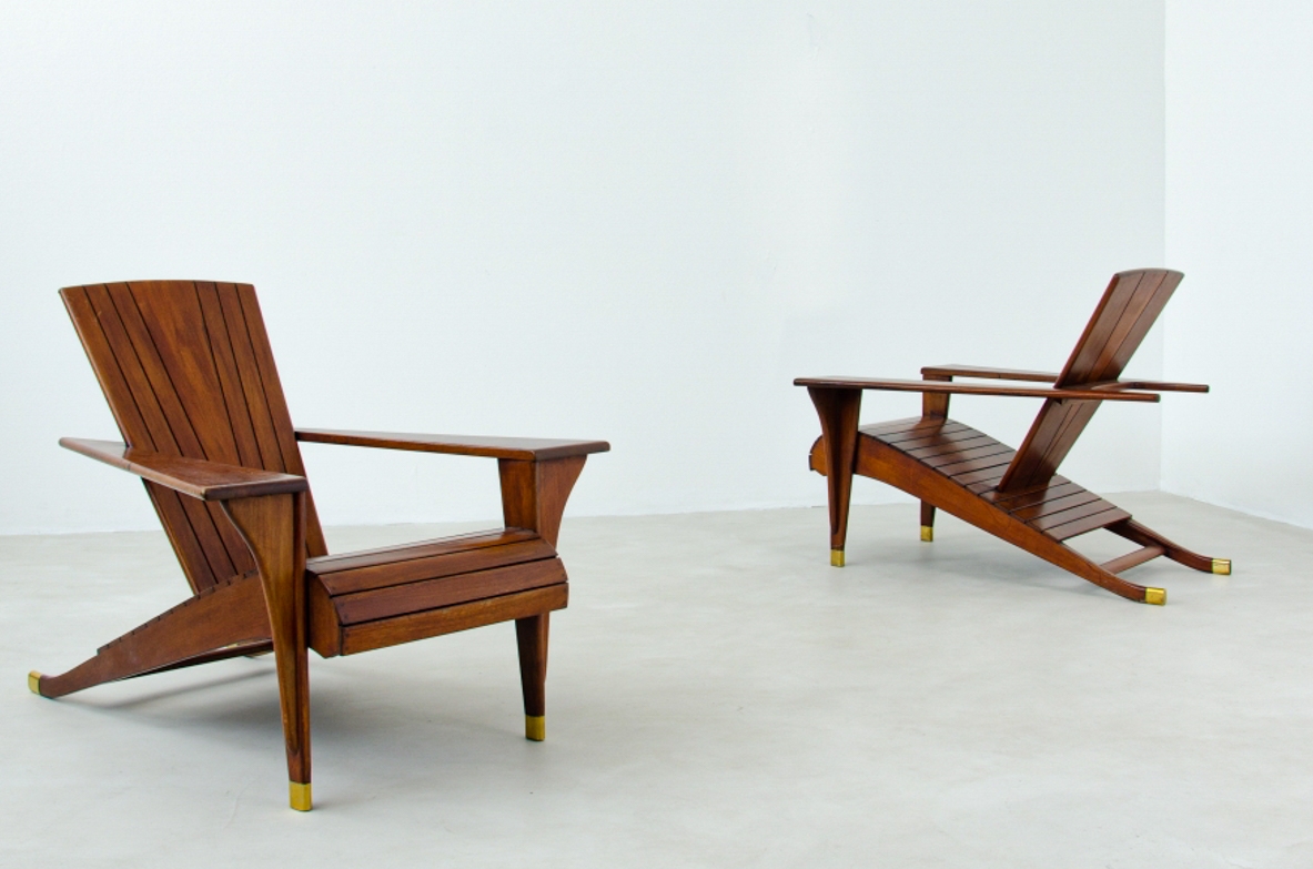 Gualtiero Spezza,  Rare pair of mahogany armchairs with brass tips.  1940's Italian manufacture.