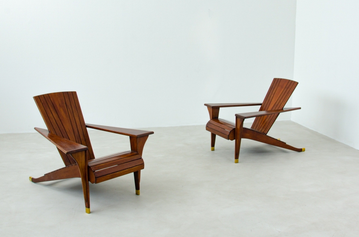 Gualtiero Spezza,  Rare pair of mahogany armchairs with brass tips.  1940's Italian manufacture.