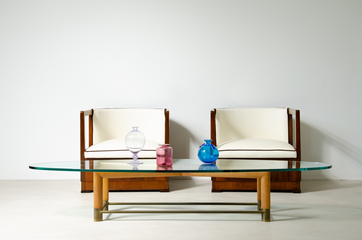 Pair of armchairs in wood and upholstered fabric. 1930's Italian manufacture.