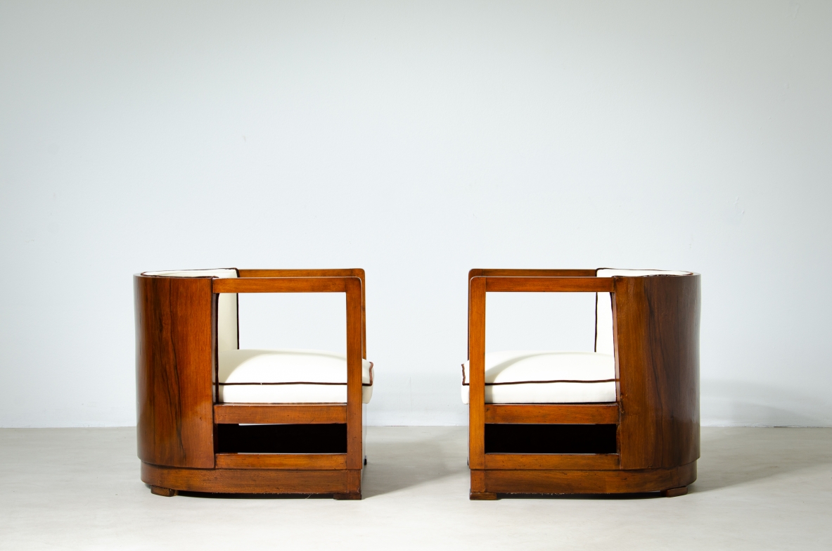 Pair of armchairs in wood and upholstered fabric. 1930's Italian manufacture.