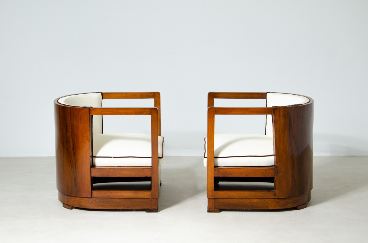 Pair of armchairs in wood and upholstered fabric. 1930's Italian manufacture.