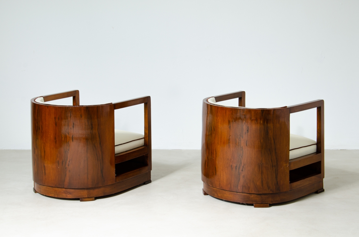 Pair of armchairs in wood and upholstered fabric. 1930's Italian manufacture.