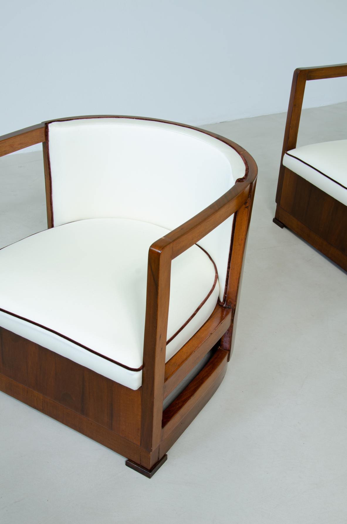 Pair of armchairs in wood and upholstered fabric. 1930's Italian manufacture.