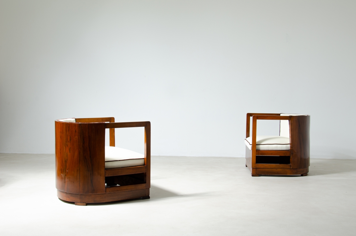 Pair of armchairs in wood and upholstered fabric. 1930's Italian manufacture.