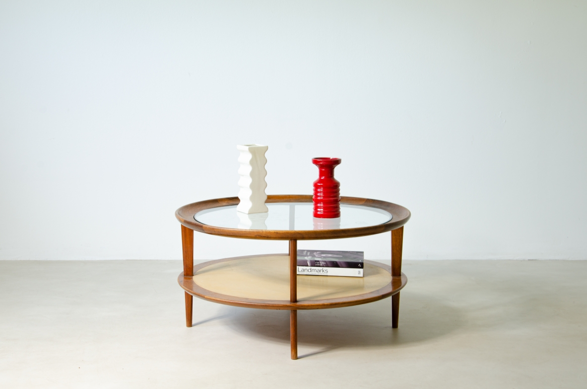 Osvaldo Borsani (1911-1985)  Low table in walnut with top in wood and colored opaline glass and upper top in turned wood and cut crystal.  ABV Borsani Varedo manufacture, 1940's.