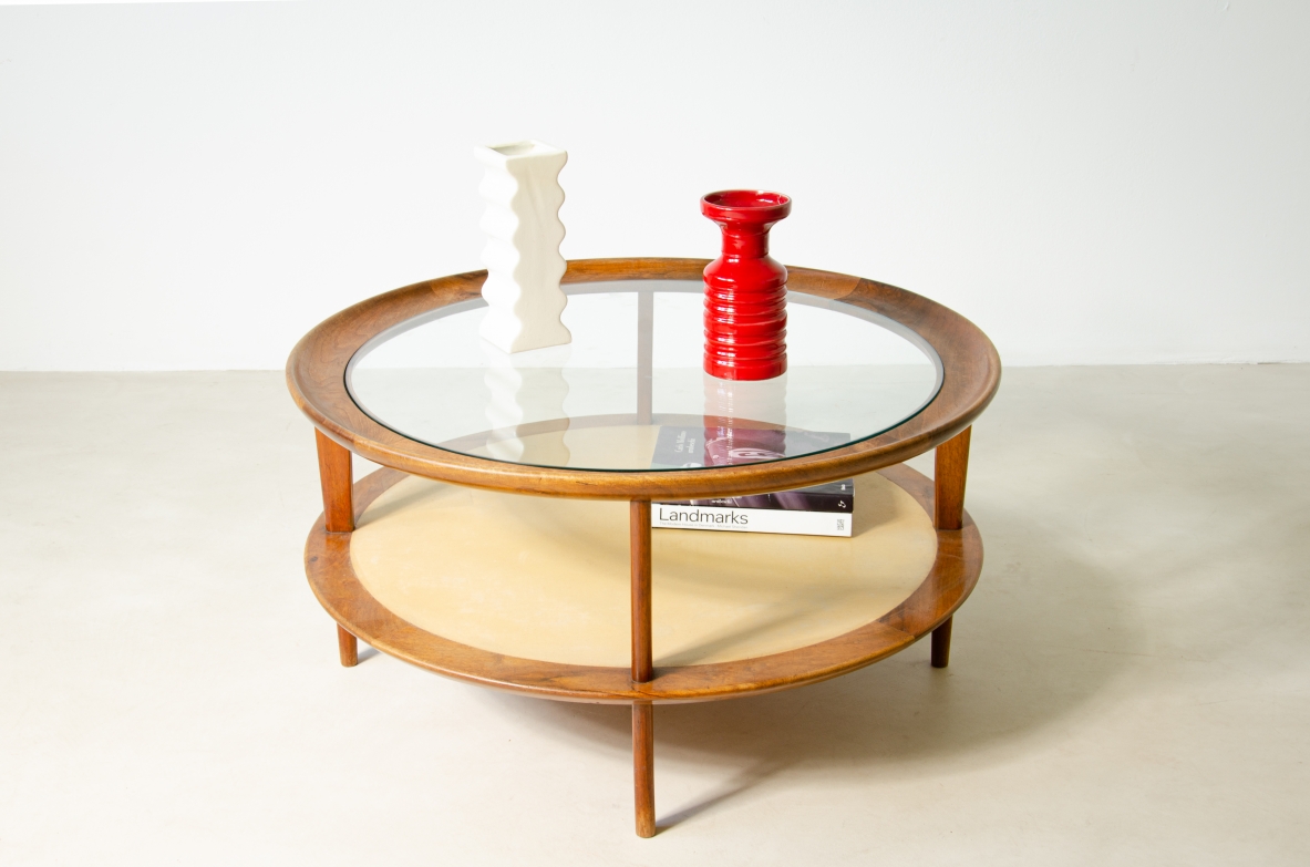 Osvaldo Borsani (1911-1985)  Low table in walnut with top in wood and colored opaline glass and upper top in turned wood and cut crystal.  ABV Borsani Varedo manufacture, 1940's.