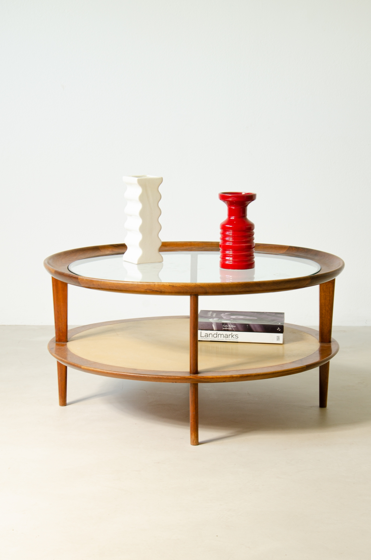 Osvaldo Borsani (1911-1985)  Low table in walnut with top in wood and colored opaline glass and upper top in turned wood and cut crystal.  ABV Borsani Varedo manufacture, 1940's.
