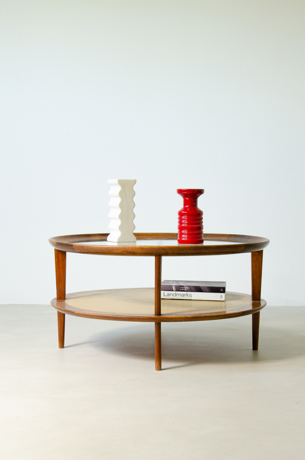 Osvaldo Borsani (1911-1985)  Low table in walnut with top in wood and colored opaline glass and upper top in turned wood and cut crystal.  ABV Borsani Varedo manufacture, 1940's.
