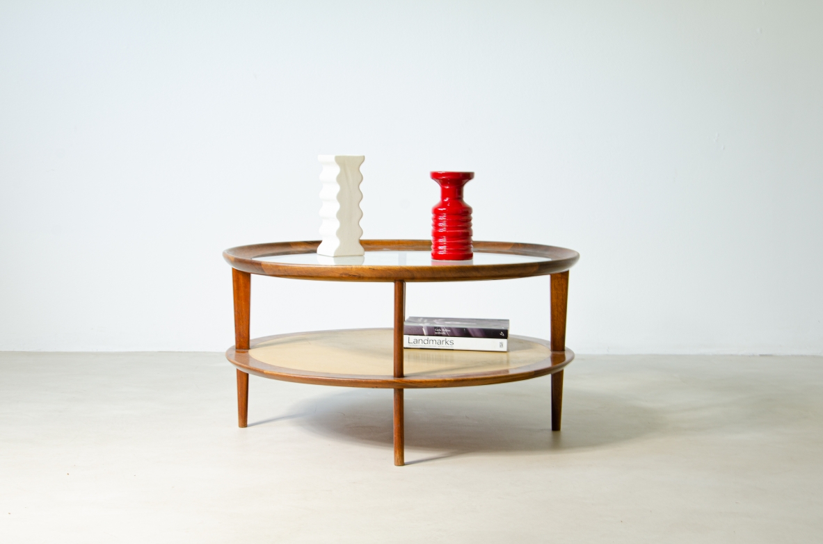 Osvaldo Borsani (1911-1985)  Low table in walnut with top in wood and colored opaline glass and upper top in turned wood and cut crystal.  ABV Borsani Varedo manufacture, 1940's.
