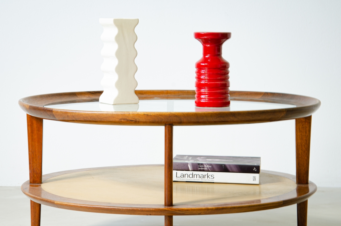 Osvaldo Borsani (1911-1985)  Low table in walnut with top in wood and colored opaline glass and upper top in turned wood and cut crystal.  ABV Borsani Varedo manufacture, 1940's.