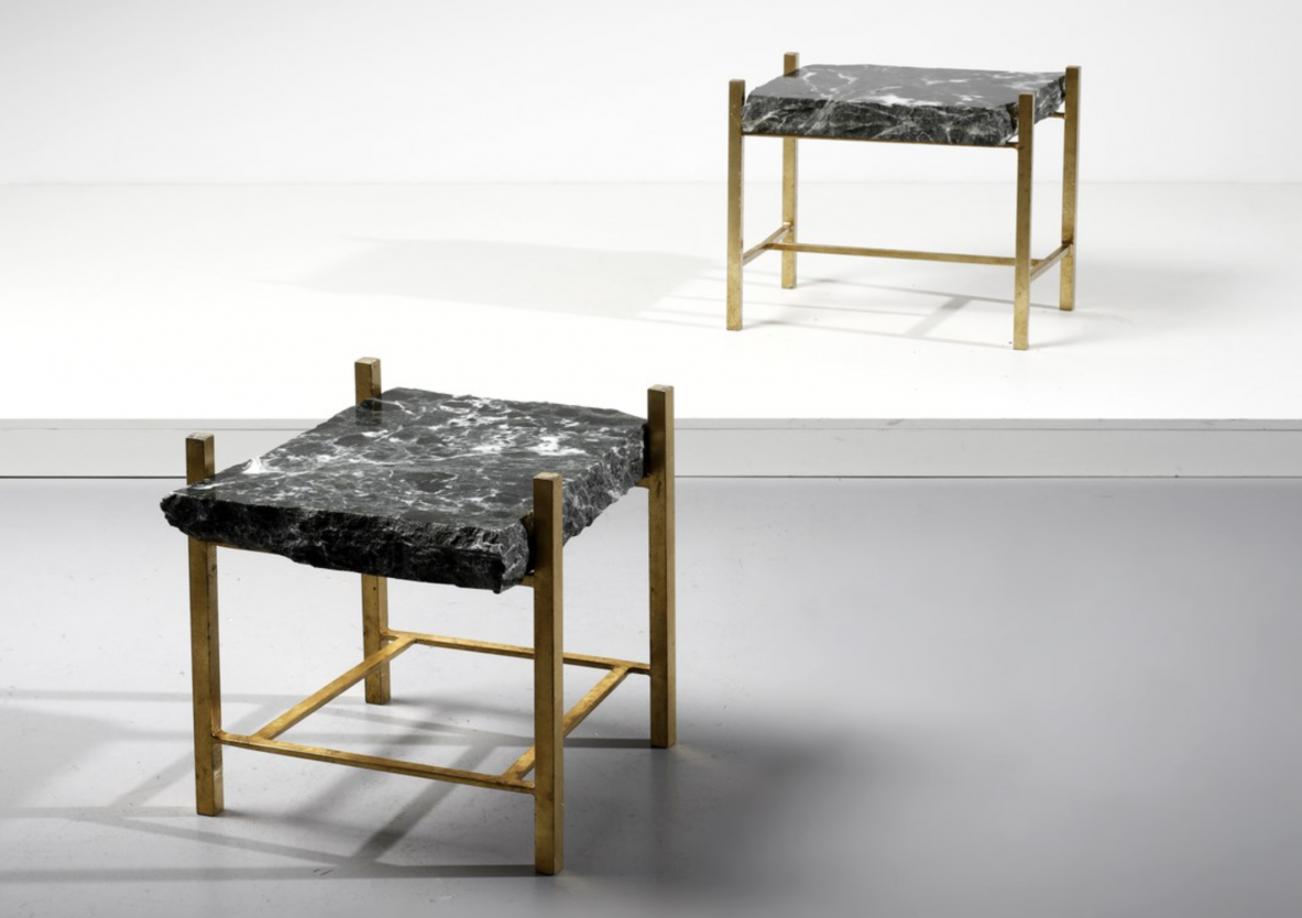 Elegant pair of coffee tables with brass structure and top in thick marble split on the hole perimeter.  French manufacture, 1970's.