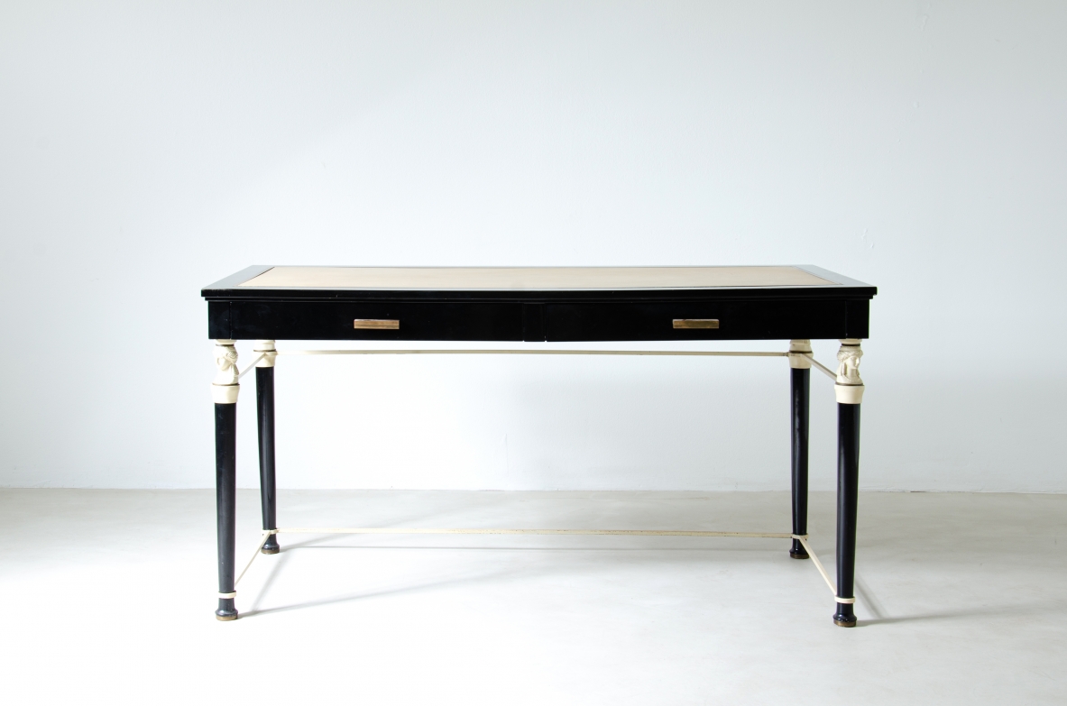 Stèphan Boudin, Maison Jansen, important desk in polished wood and metal with classical details. Top in leather and bronze details. Paris 1960's.