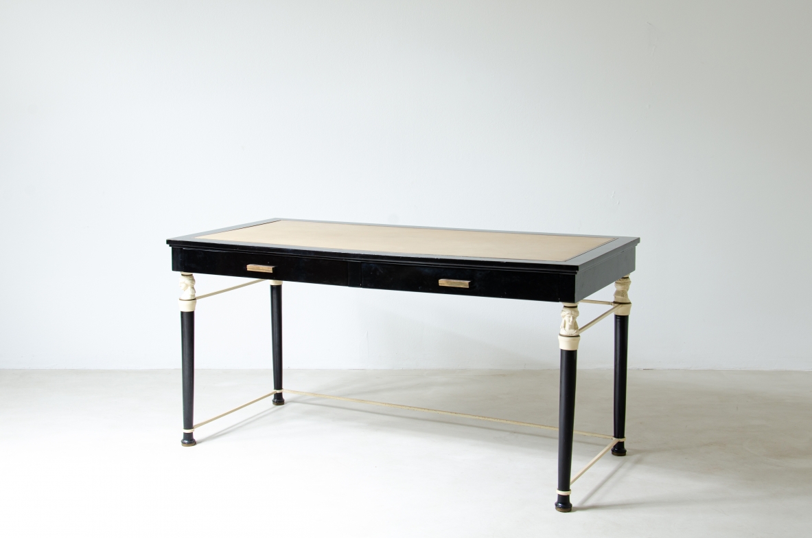 Stèphan Boudin, Maison Jansen, important desk in polished wood and metal with classical details. Top in leather and bronze details. Paris 1960's.