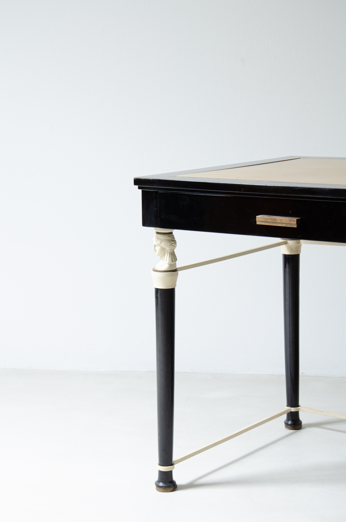 Stèphan Boudin, Maison Jansen, important desk in polished wood and metal with classical details. Top in leather and bronze details. Paris 1960's.