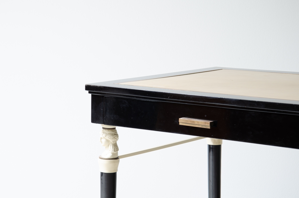 Stèphan Boudin, Maison Jansen, important desk in polished wood and metal with classical details. Top in leather and bronze details. Paris 1960's.