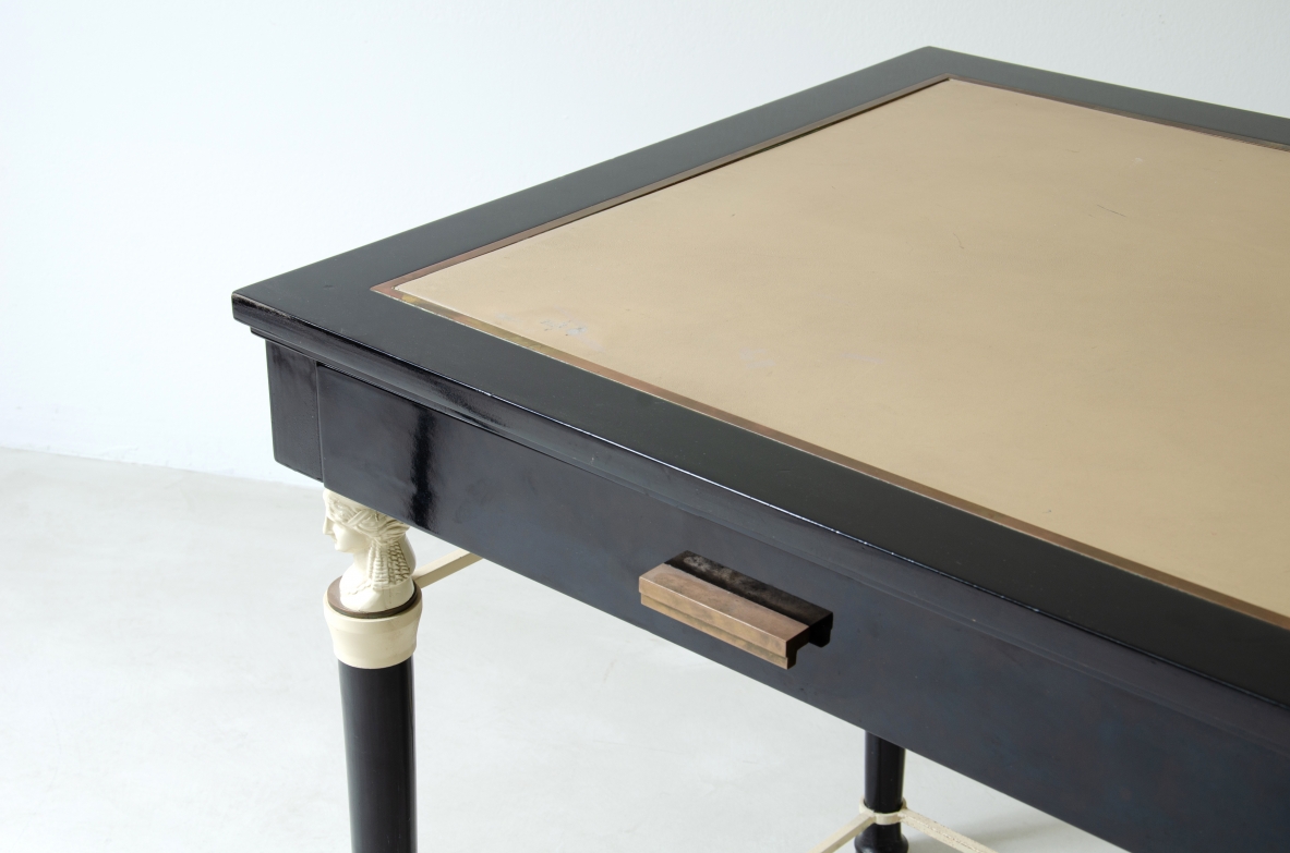 Stèphan Boudin, Maison Jansen, important desk in polished wood and metal with classical details. Top in leather and bronze details. Paris 1960's.