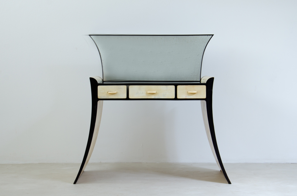 Guglielmo Ulrich. Unique console  table with mirror,  black lacquered wood and parchment covering. Italian manufacture, 1940s