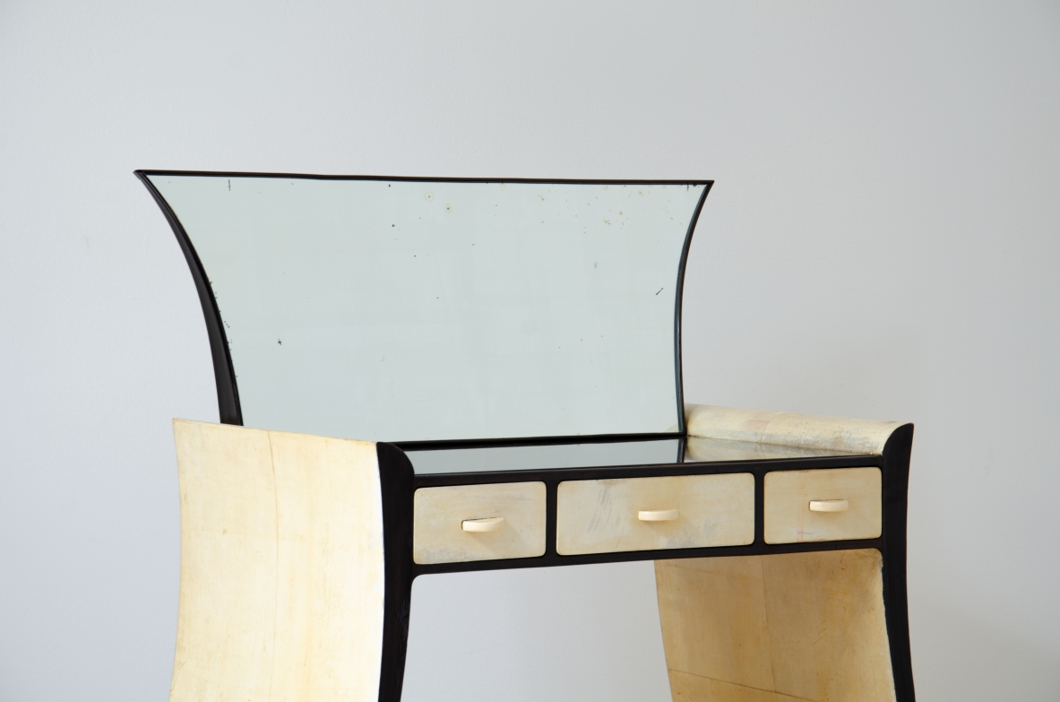 Guglielmo Ulrich. Unique console  table with mirror,  black lacquered wood and parchment covering. Italian manufacture, 1940s