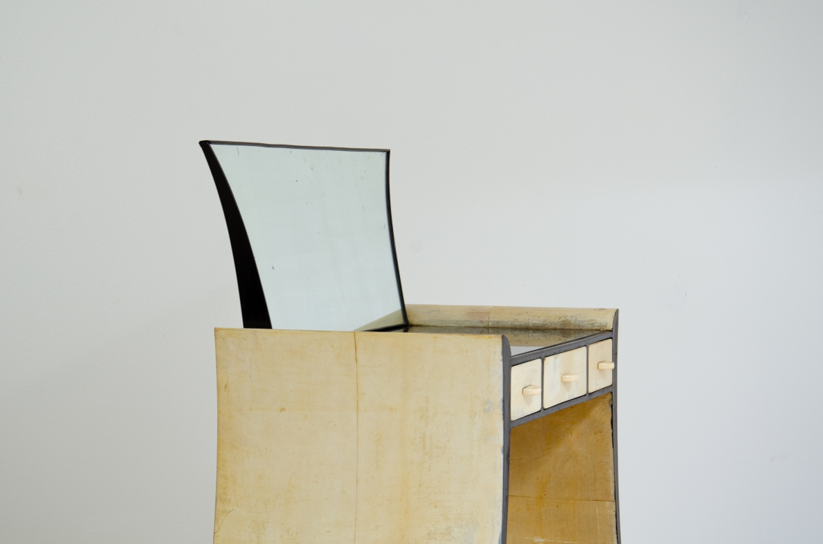 Guglielmo Ulrich. Unique console  table with mirror,  black lacquered wood and parchment covering. Italian manufacture, 1940s