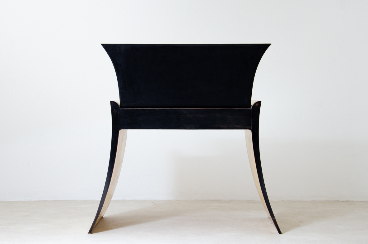 Guglielmo Ulrich. Unique console  table with mirror,  black lacquered wood and parchment covering. Italian manufacture, 1940s