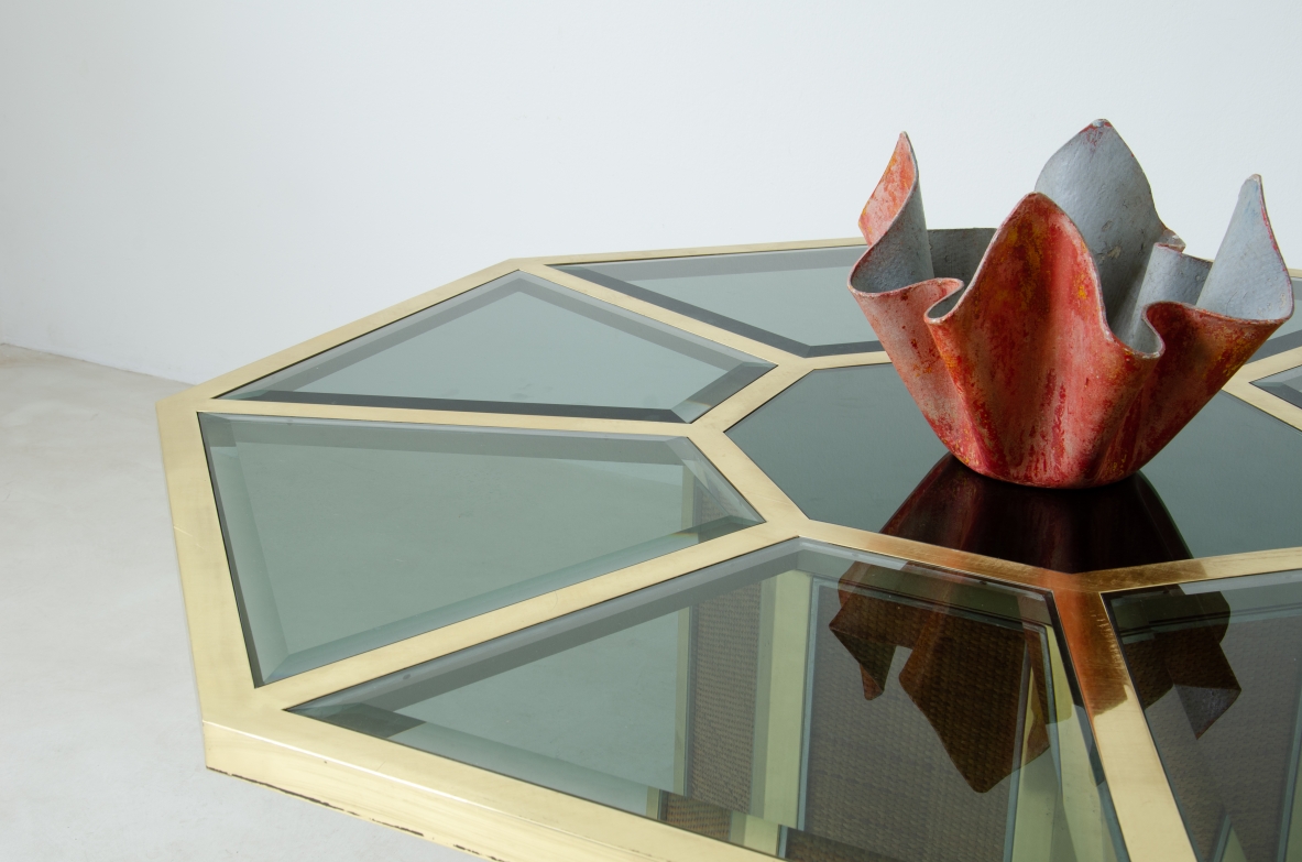 Romeo Rega. Octagonal table in brass, glass and straw. Manufacture Sabot, Italy, 1970's