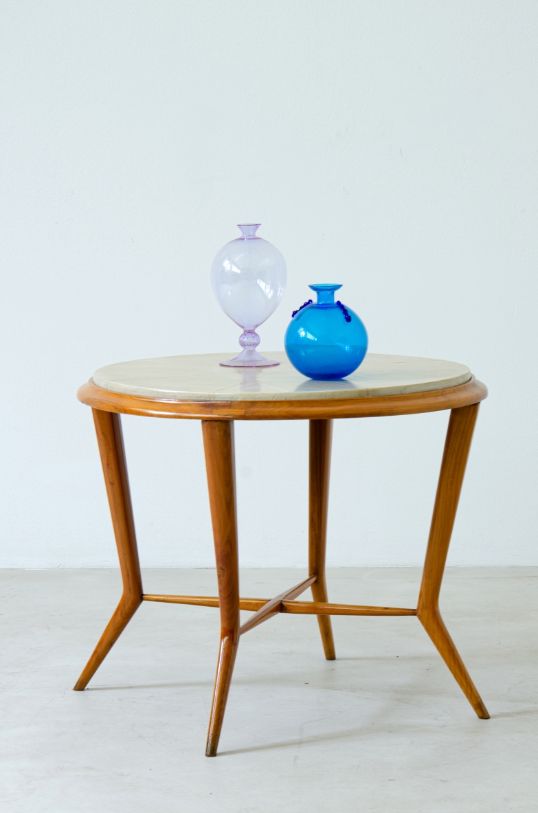 Melchiorre Bega wooden coffee table with parchment top. Italian manufacture, 1950s