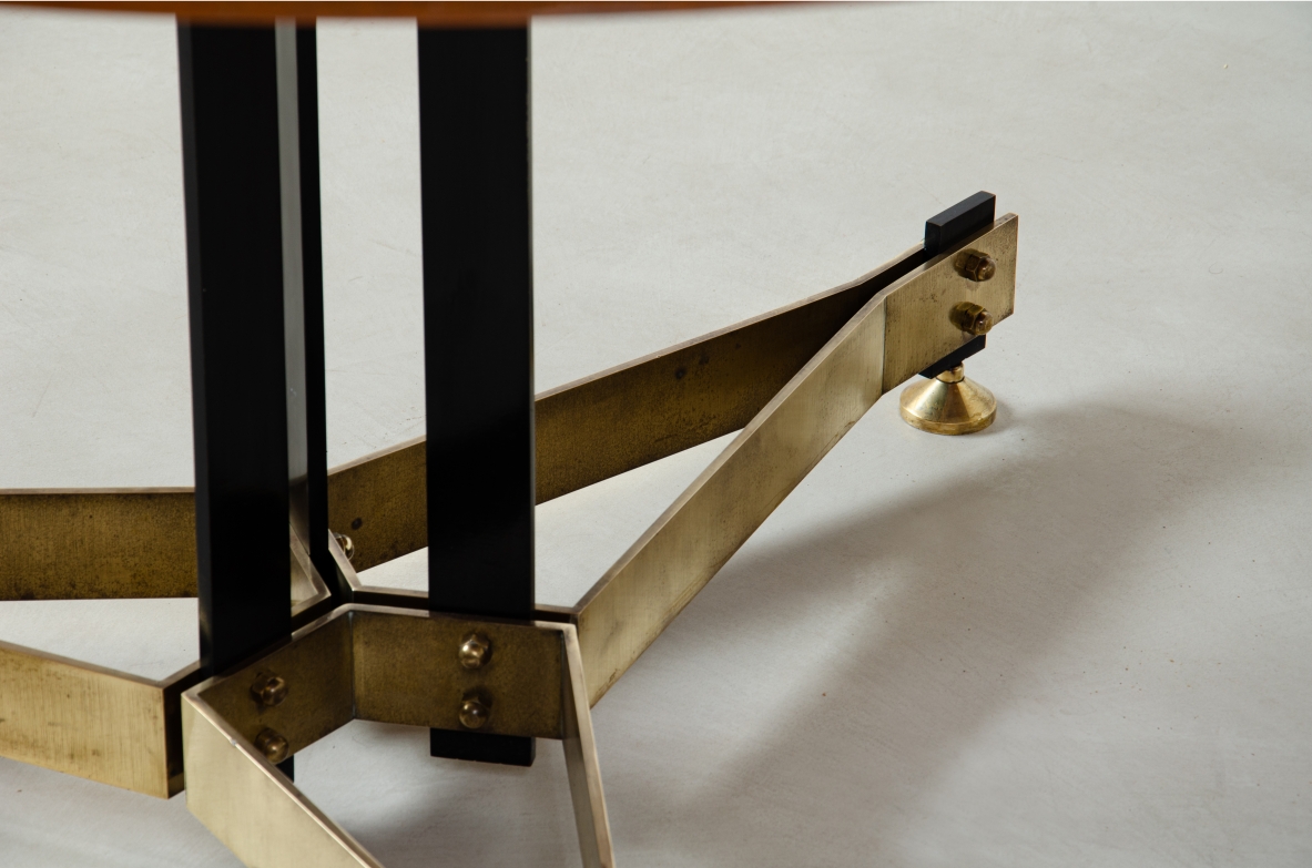 Unique large dining table with metal and brass base and veneered wooden top. Italian manufacture, 1950s.