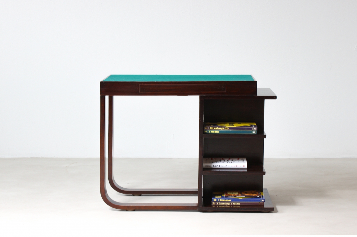 Small writing desk in curved wood and cloth top. Italian manufacture, 1940's