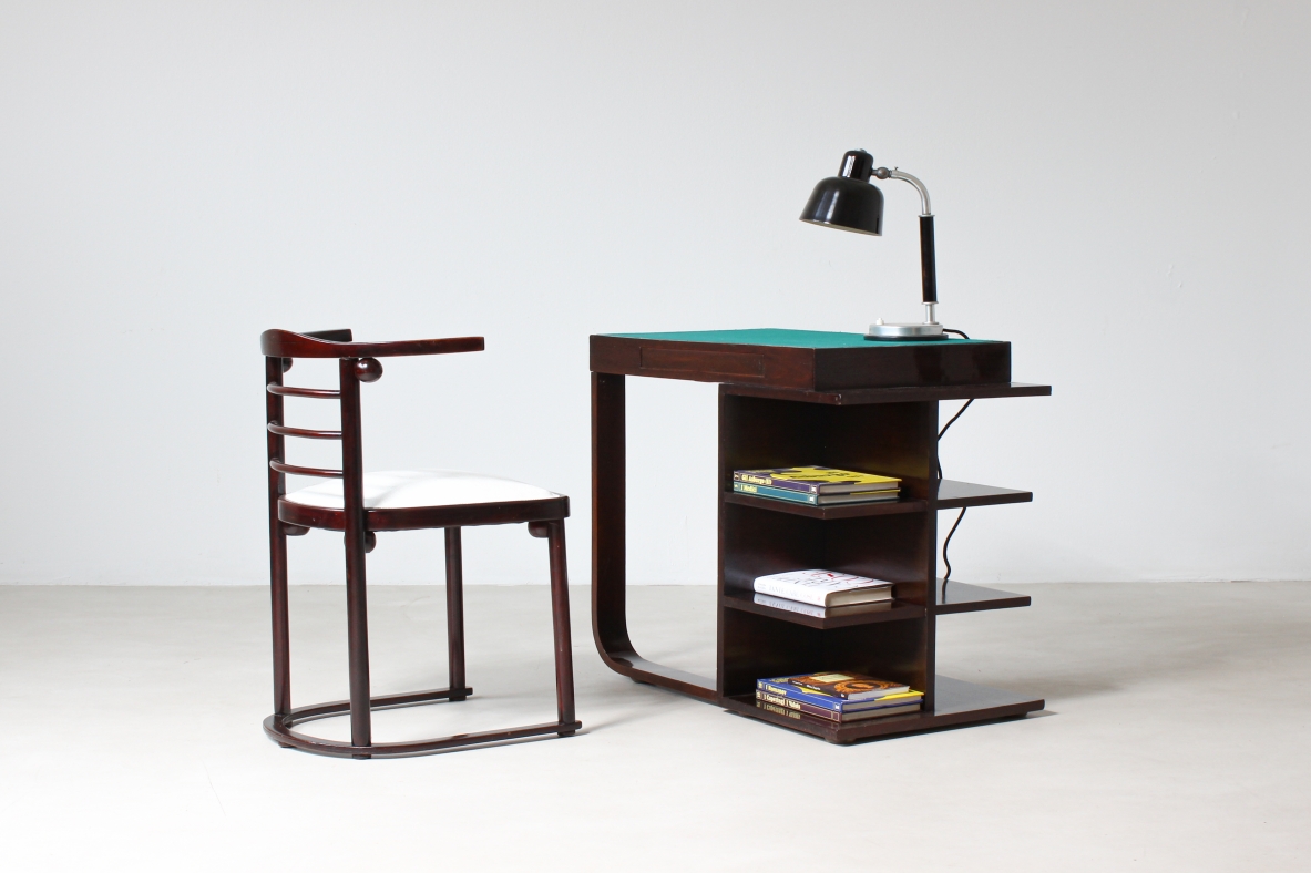Small writing desk in curved wood and cloth top. Italian manufacture, 1940's