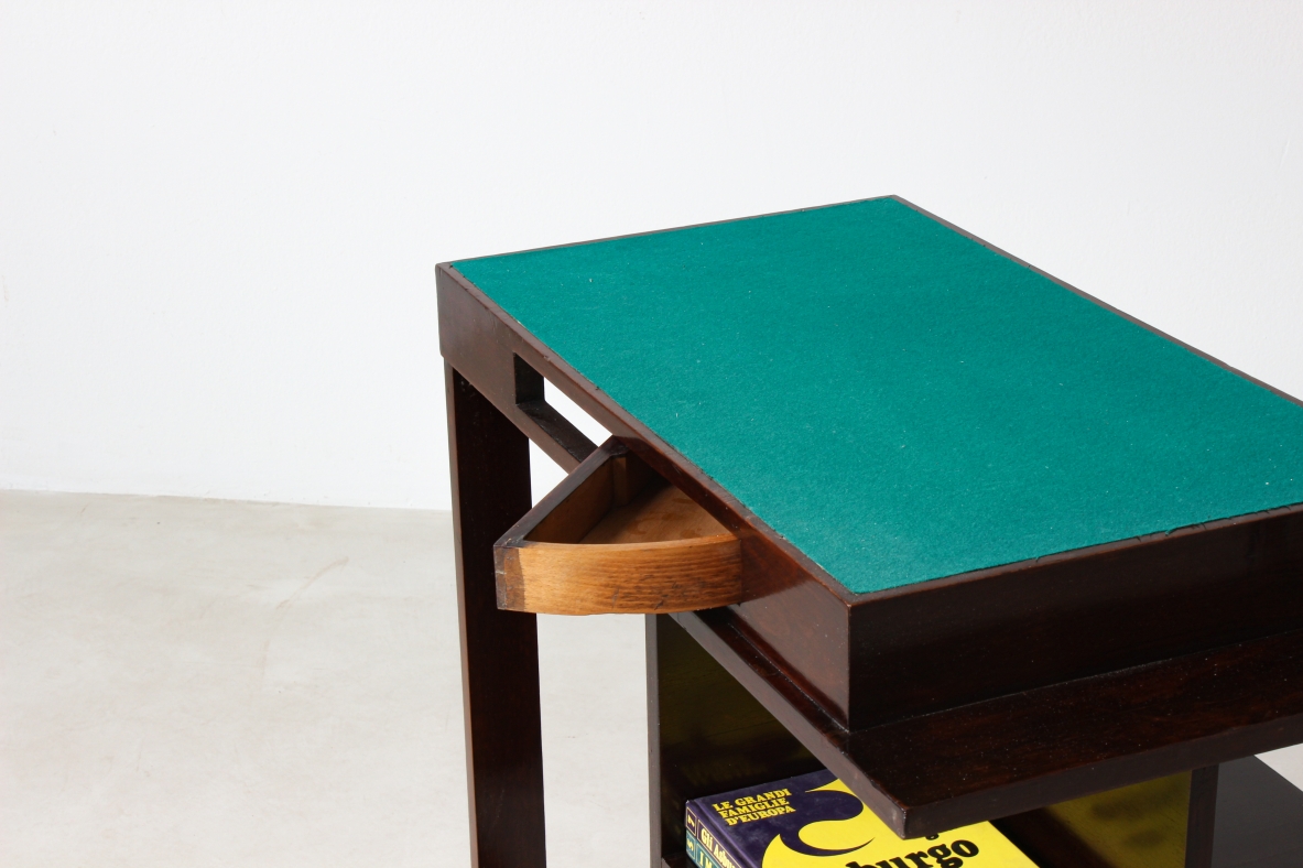Small writing desk in curved wood and cloth top. Italian manufacture, 1940's