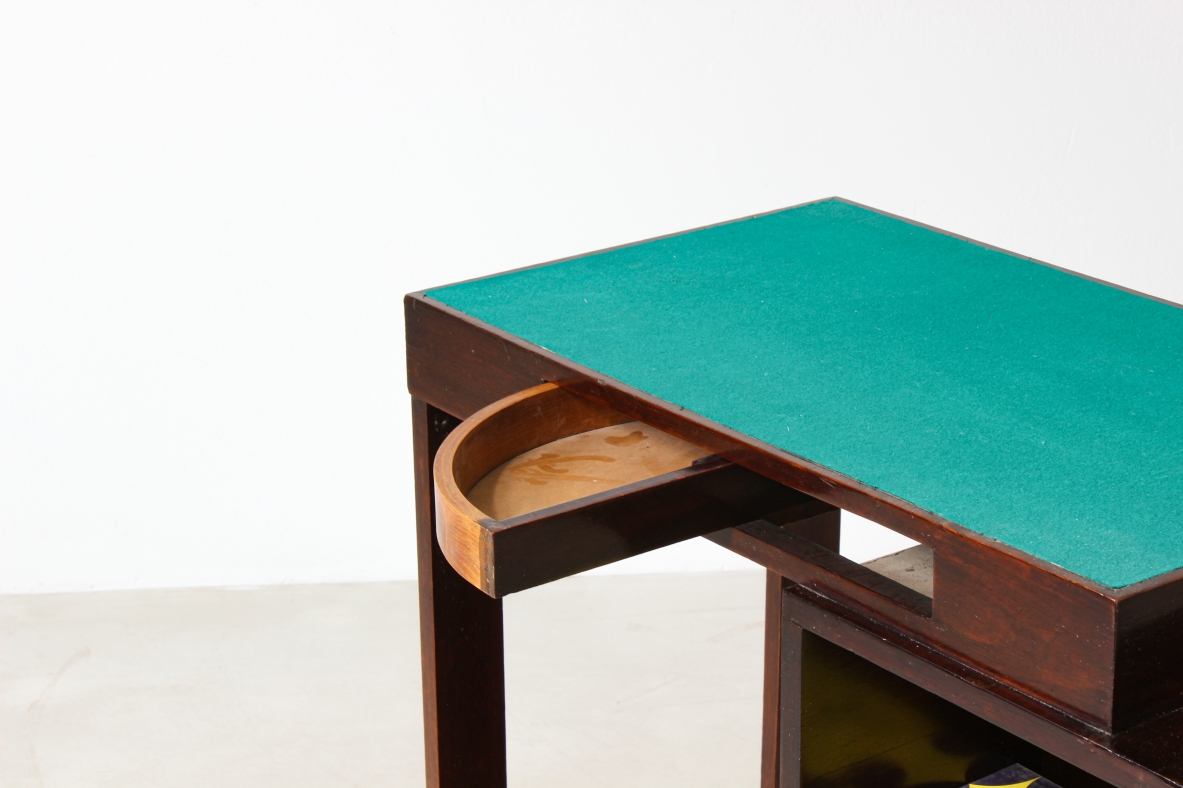 Small writing desk in curved wood and cloth top. Italian manufacture, 1940's