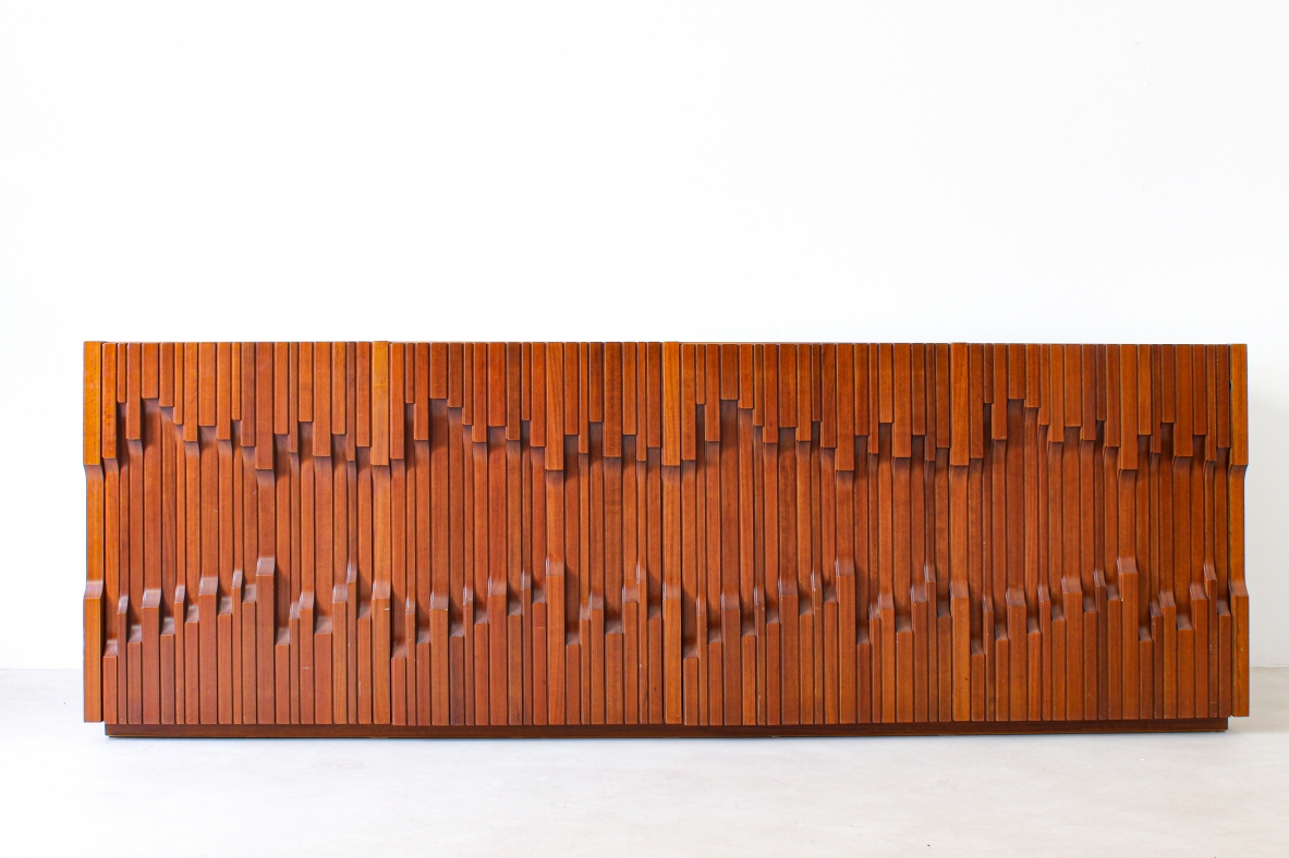 Luciano Frigerio. Large sideboard with front decorated with exotic wood slats. Frigerio di Desio production, 1970's