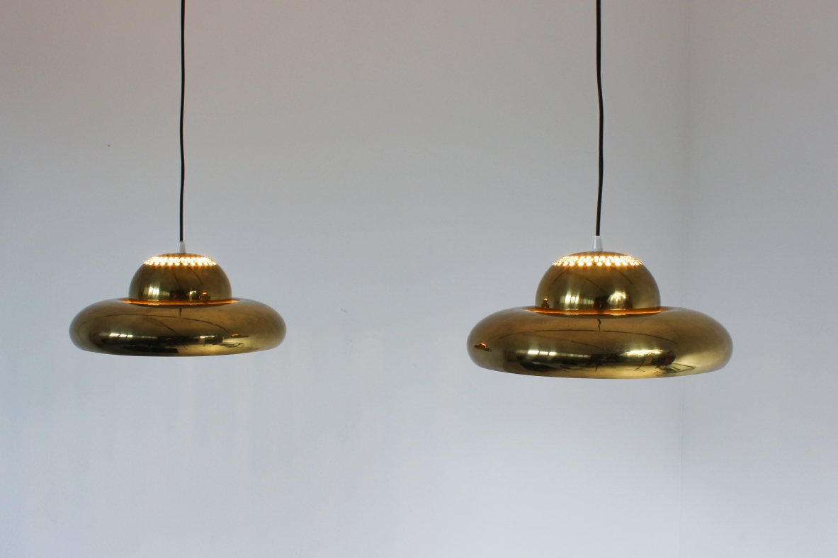 Afra and Tobia Scarpa   Pair of brass chandeliers.  Produced by Flos in 1961.