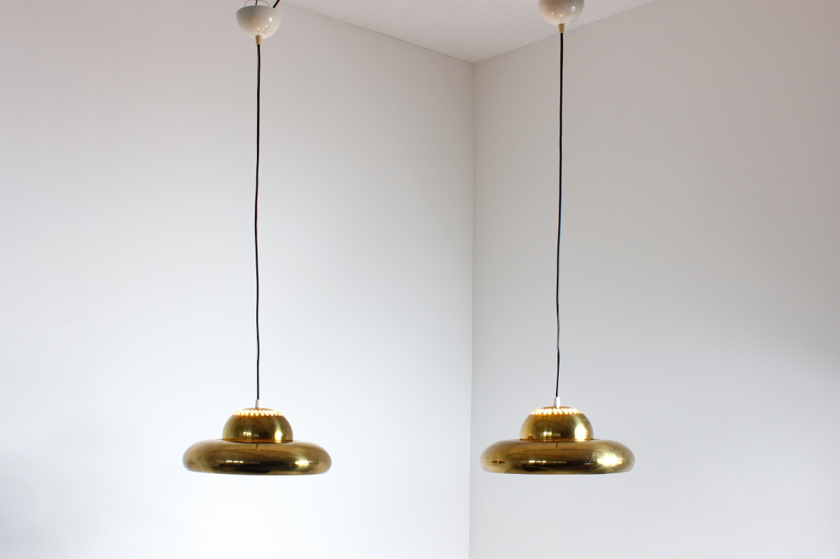 Afra and Tobia Scarpa   Pair of brass chandeliers.  Produced by Flos in 1961.