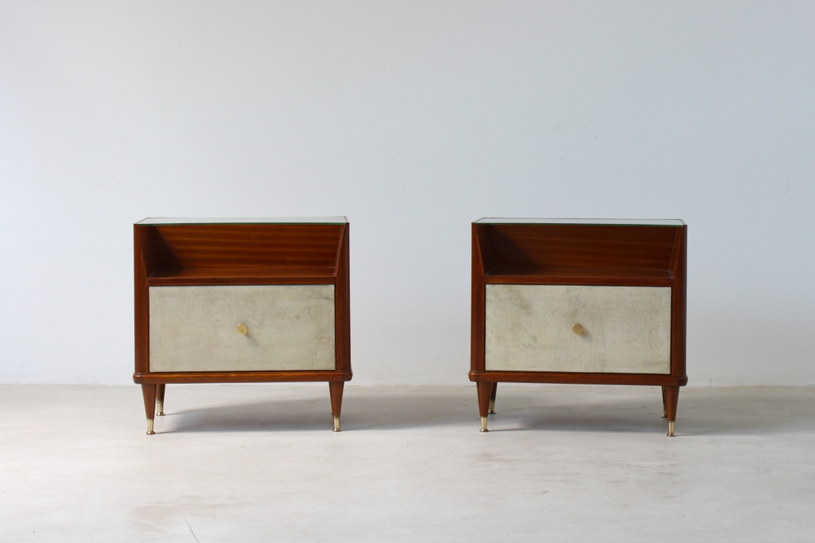 Paolo Buffa (1903 - 1970)  Pair of bedside tables with parchment front, cut crystal top and brass tips, one drawer inside.  Italian manufacture, around 1950.