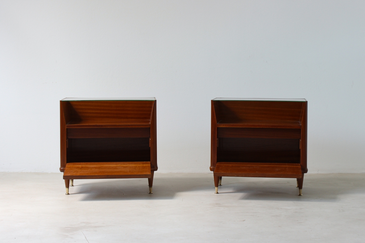 Paolo Buffa (1903 - 1970)  Pair of bedside tables with parchment front, cut crystal top and brass tips, one drawer inside.  Italian manufacture, around 1950.