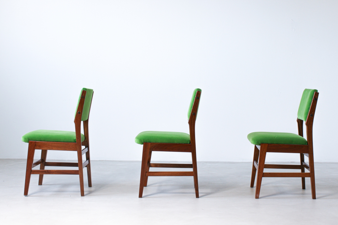 Six chairs with wooden structure and seat and back in padded fabric.  Attribution Gio Ponti 1950s.