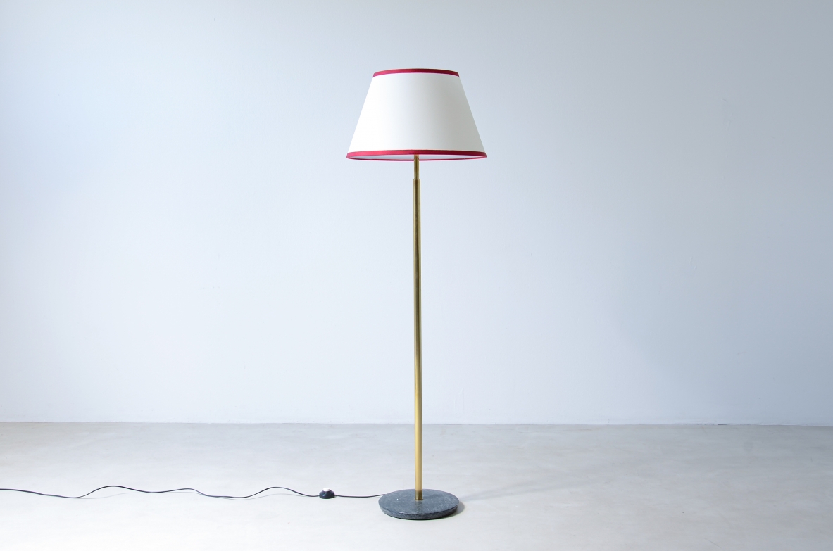 Brass floor lamp with marble base and fabric hat.  Stilnovo manufacture around 1950.