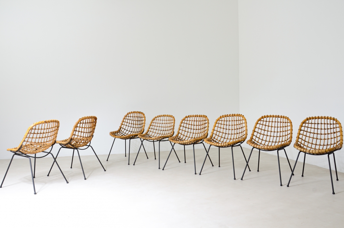Gian Franco Legler. Set of 8 curved rattan chairs with iron rod structure, 1960's