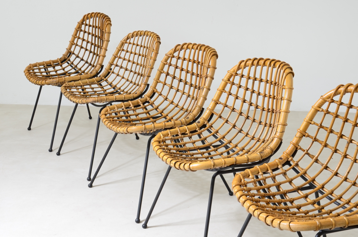Gian Franco Legler. Set of 8 curved rattan chairs with iron rod structure, 1960's