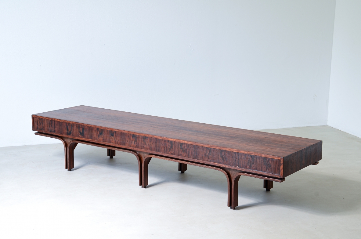 Gianfranco Frattini (1926-2004)  Rare low center table with 6 drawers and three uprights.  Bernini manufacture 1957.